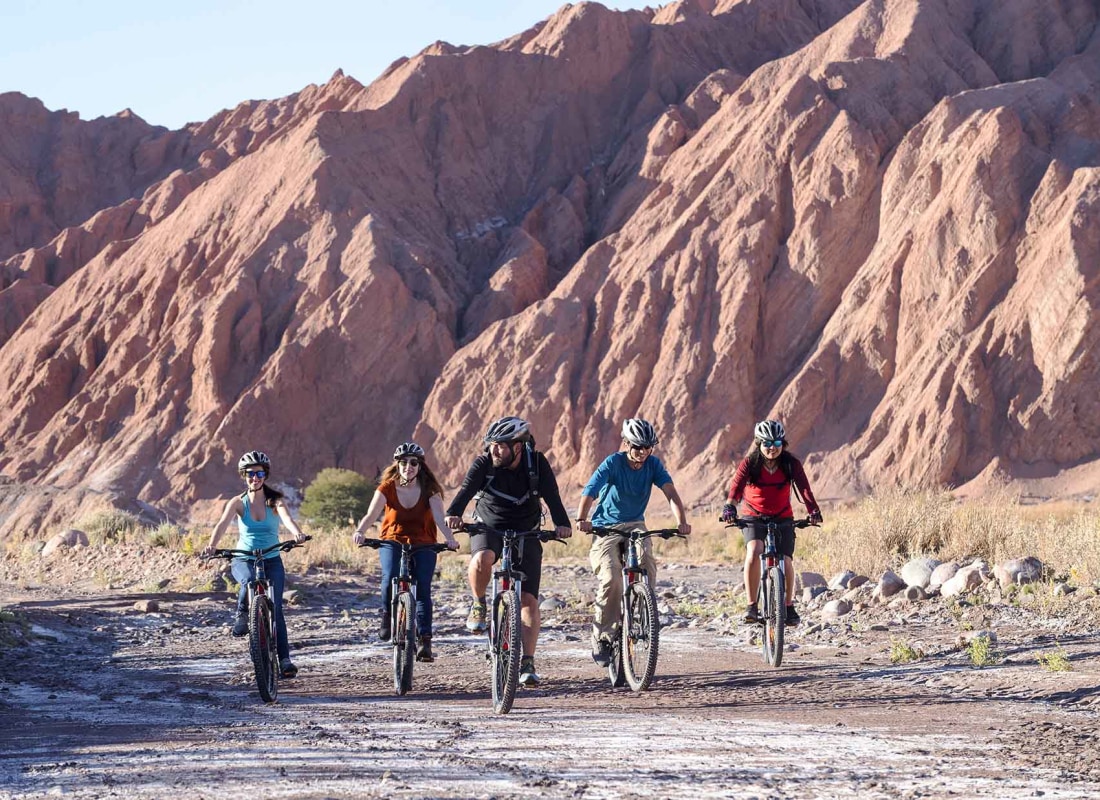 A group of people are cycling in the Atacama Desert. 